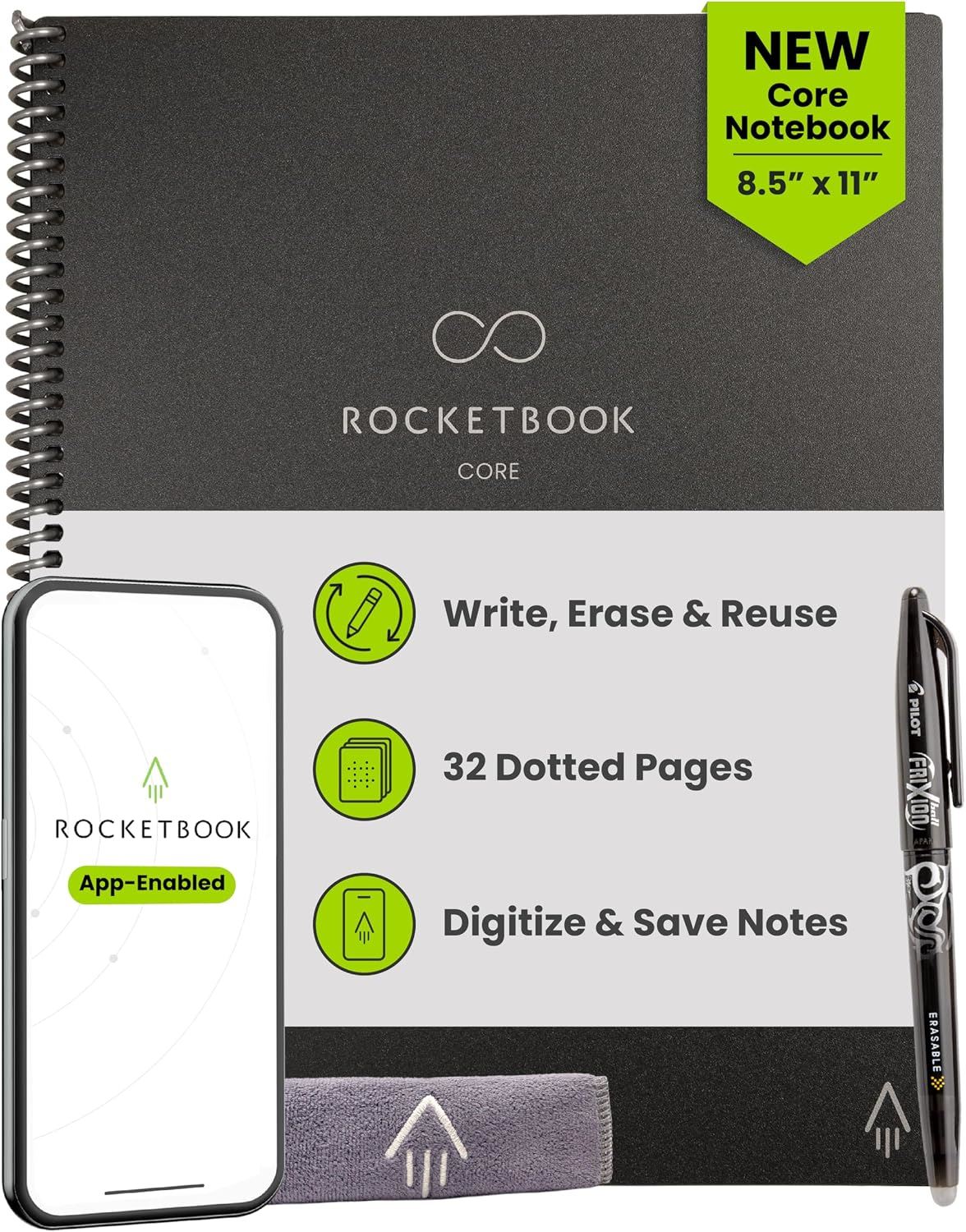 Rocketbook Core Cuaderno Inteligente Reutilizable Tamaño Carta 8.5x11 con App Digital – Libreta Ecológica Borrable con Páginas con Cuadrícula de Puntos - Negro